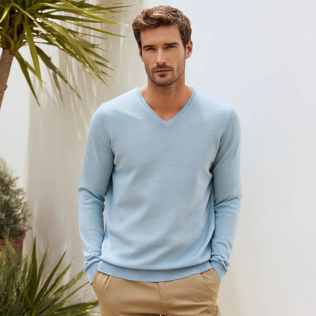 Men's Linen-Cotton V-Neck Pullover Breathable Spring Casual Business Sweater
