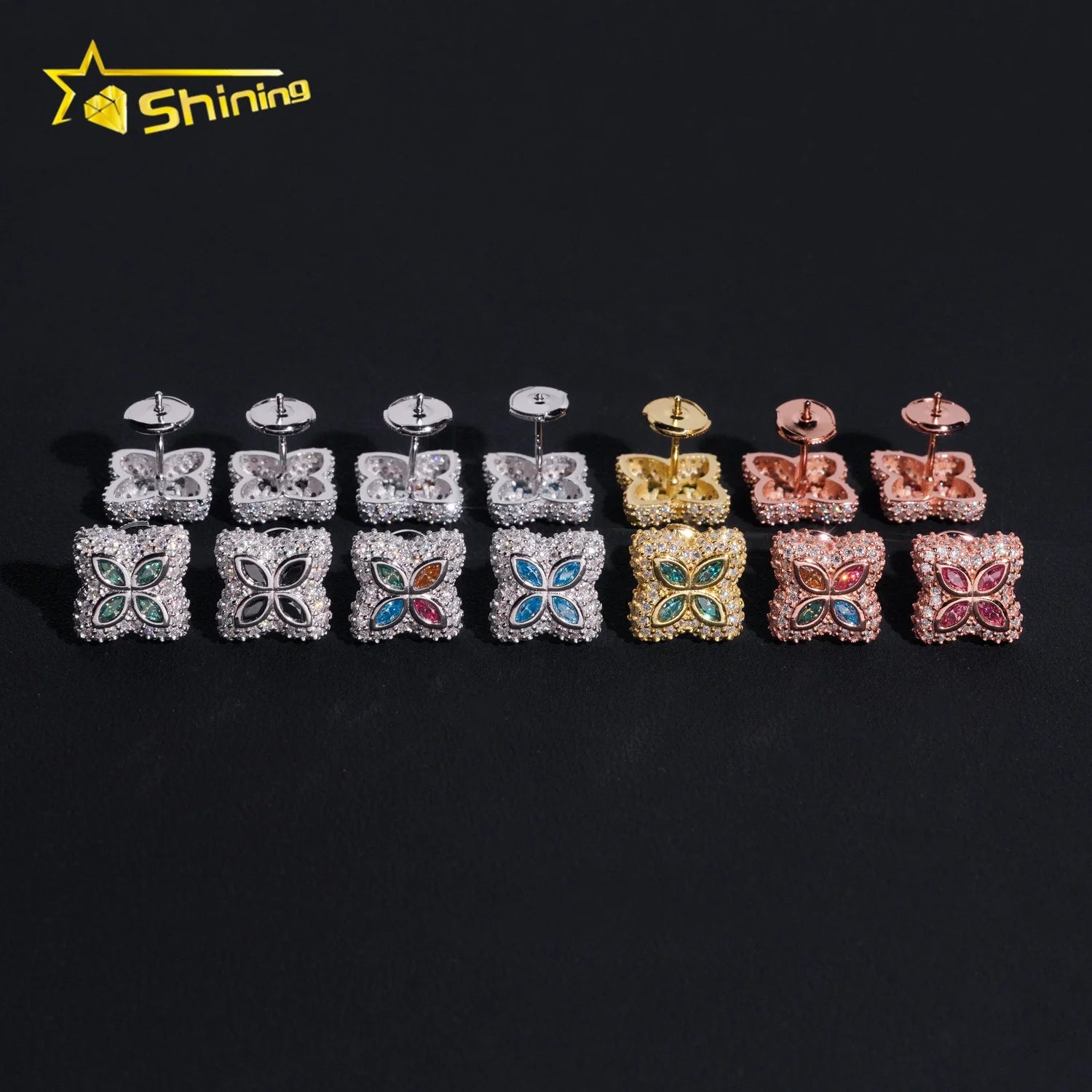 New Arrival Custom Hip Hop Mens Iced Out 925 Sterling Silver Flower Multi Color Marquise 15MM Moissanite Earrings