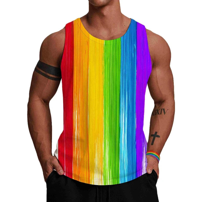Fitspi 3d Tops Men Colorful Sleeveless Print  Tank Rainbow Beach Gym Vest Tee Singlet Wholesale