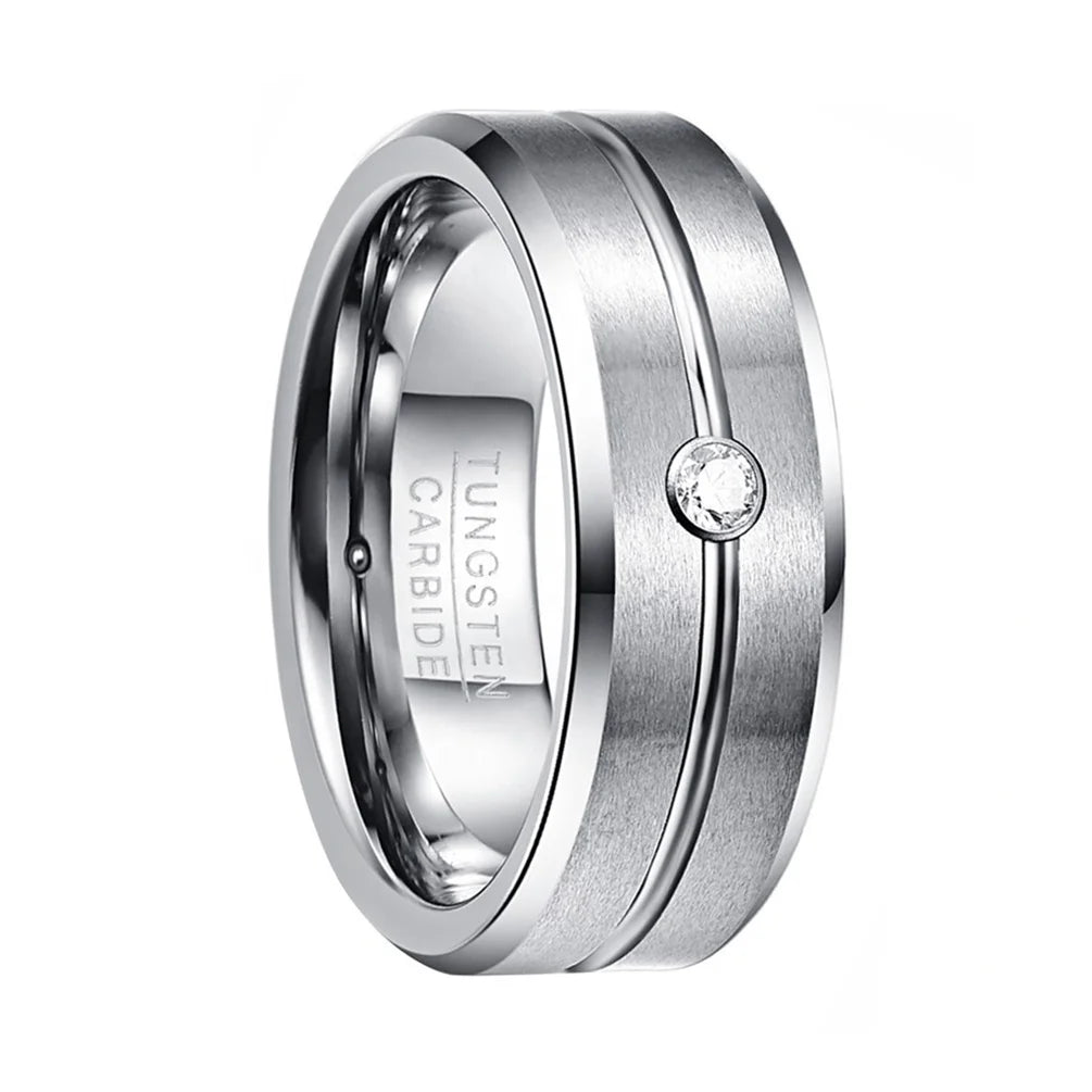 Alin Brushed Tungsten Carbide Rings Tungsten Wedding Bands Silver Polished Beveled Edge Grooved CZ Stone Inlay
