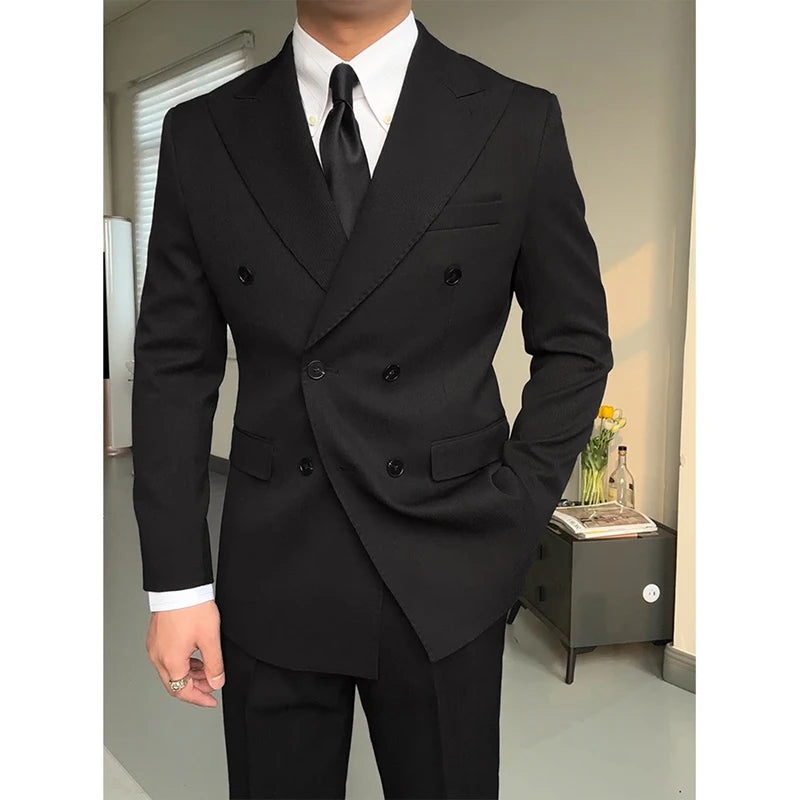High-End Men's Black Double-Breasted Suit Lapel Collar Worsted Button Fly Button Zipper Pure Color for Business Wedding Banquet