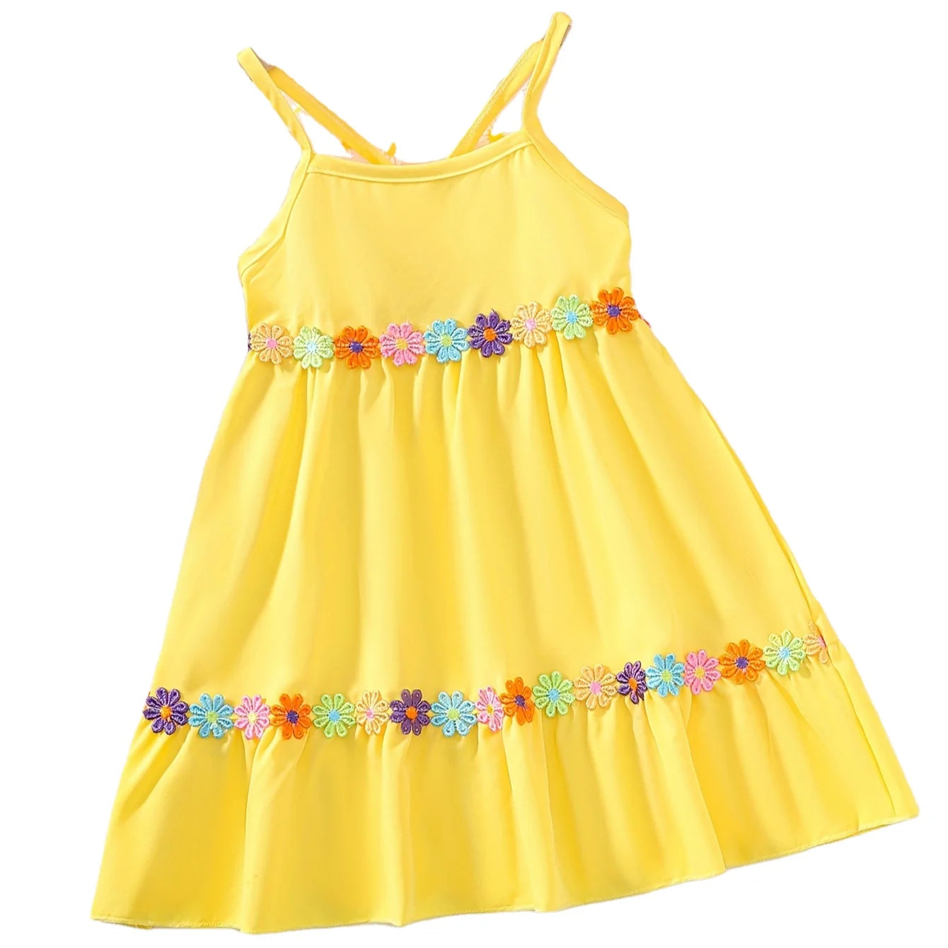 Children's Casual Fancy Boutique Girls Sling Sleeve Dresses O-Neck Knee-Length Solid Pattern For Summer Kids Clothes