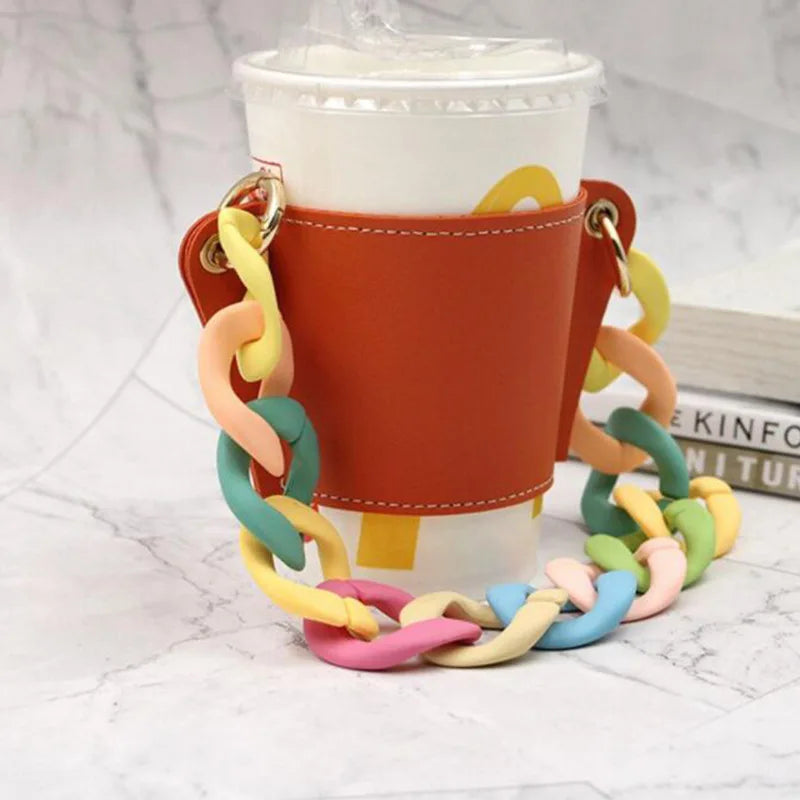 Portable PU Leather Cup Holder Fashionable Water Bottle Carrier  Novel Coffee Cup Sleeve with Chain Strap Handle for Outdoors