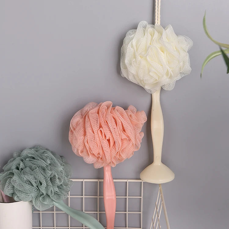35G Cheap Skin Body Scrubber Ball Exfoliating Shower Loofah Korean Mesh Bath Sponges With Plastic Handle White/Grey/Pink