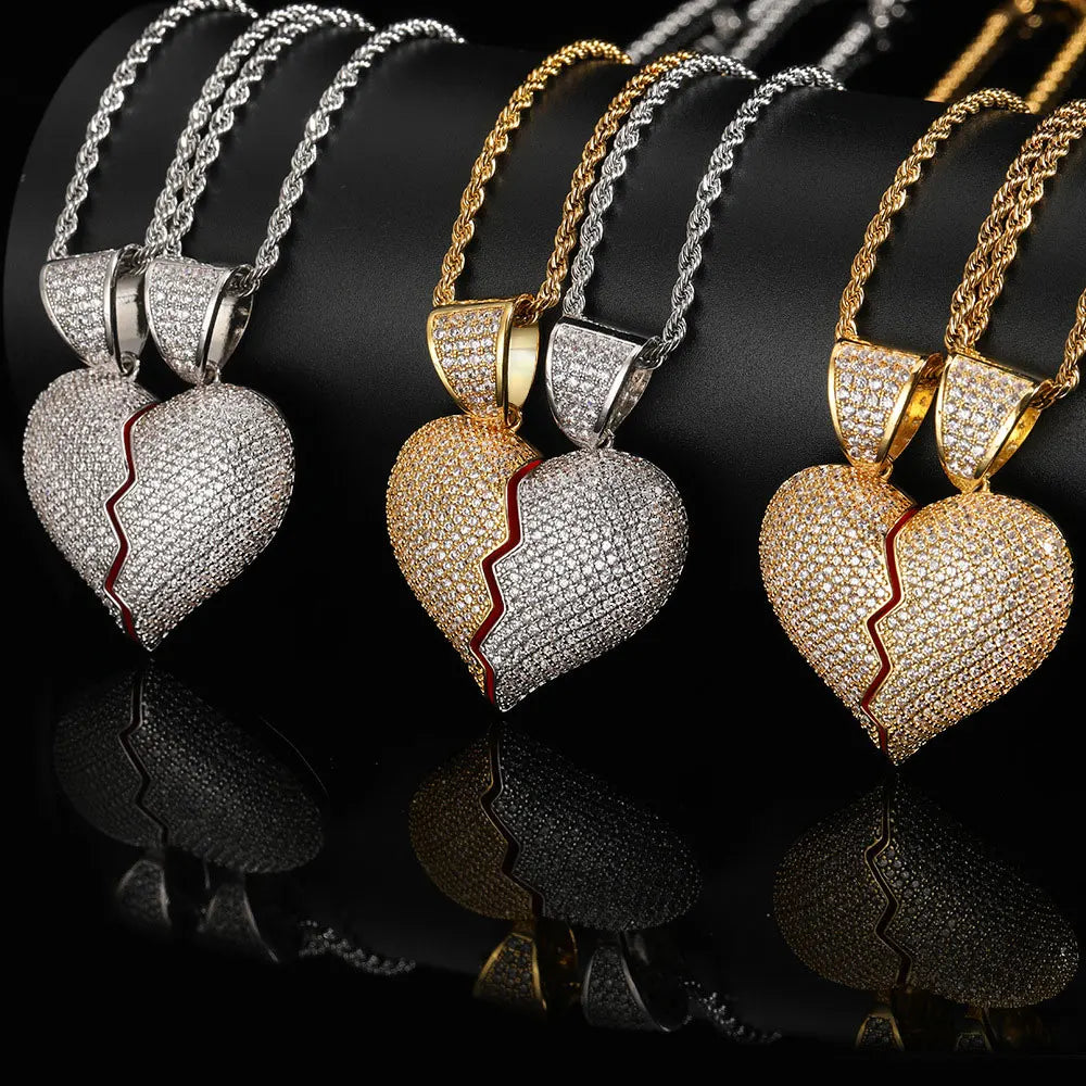 NUOYA Broken Heart Half Couple Necklace Hip Hop Iced Out CZ Pendant Custom Charm Pendant Gift for Women