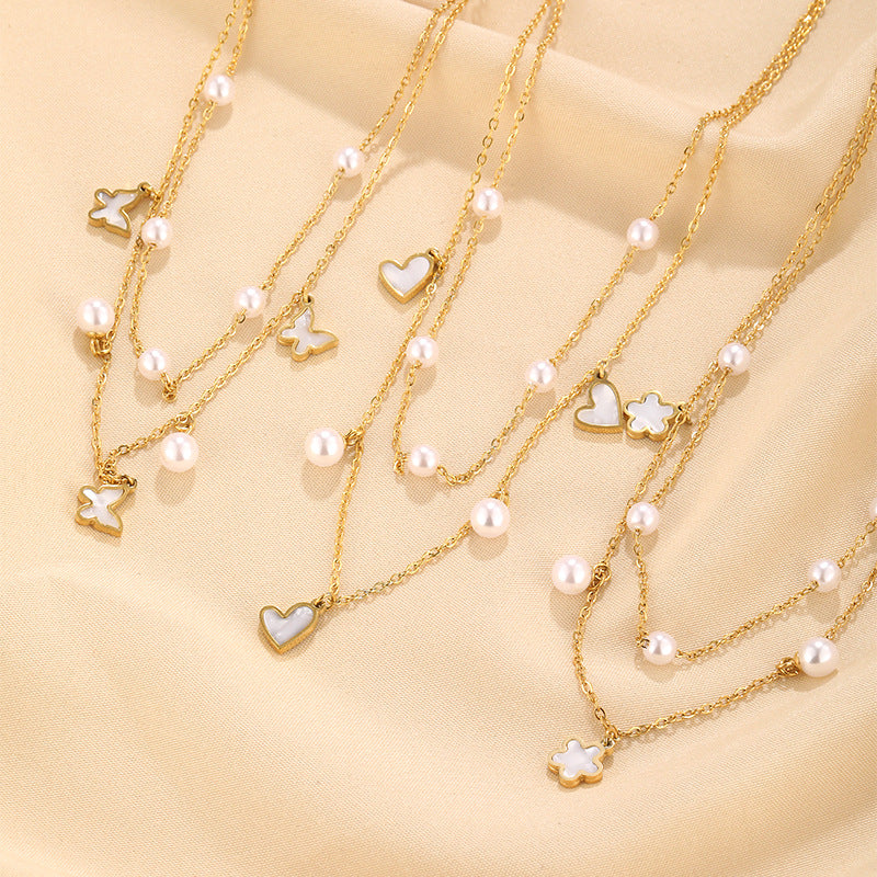 New Arrival Women's Double Layer Stainless Steel Necklace Pearl Charms White Shell Butterfly Pendant Fashion Pendant Necklaces