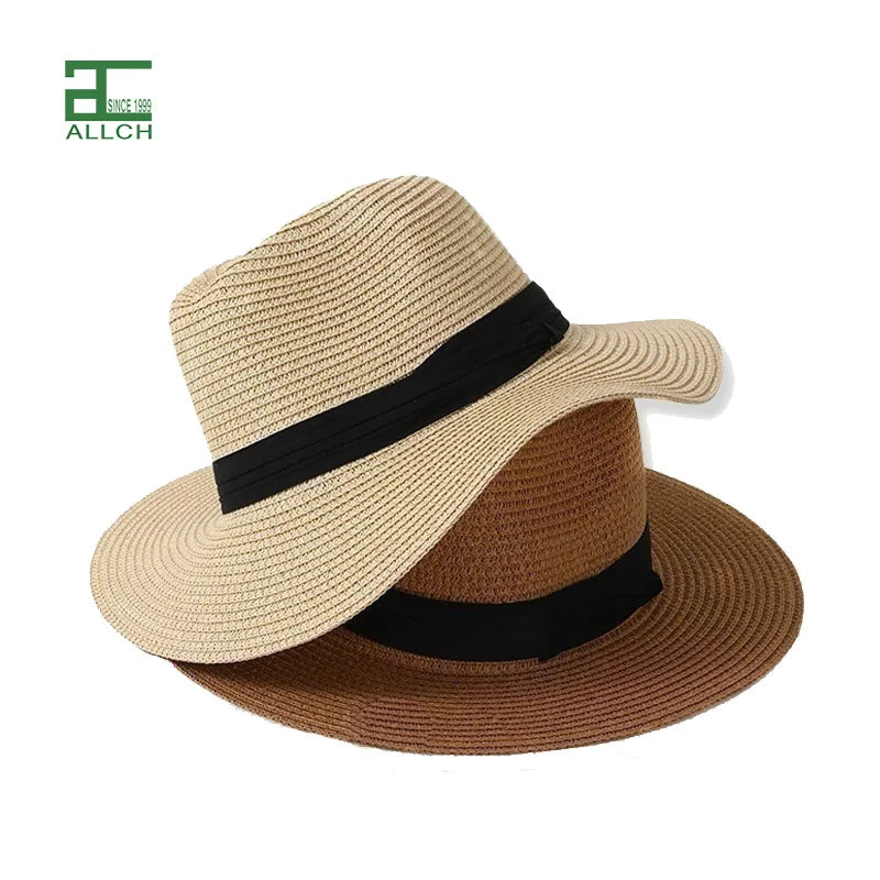 ALLCH Custom Logo Summer Fedora Straw Hat Wide Brim Panama Hat Lace for UPF for Fishing Outdoor Travel Casual Sun Protection