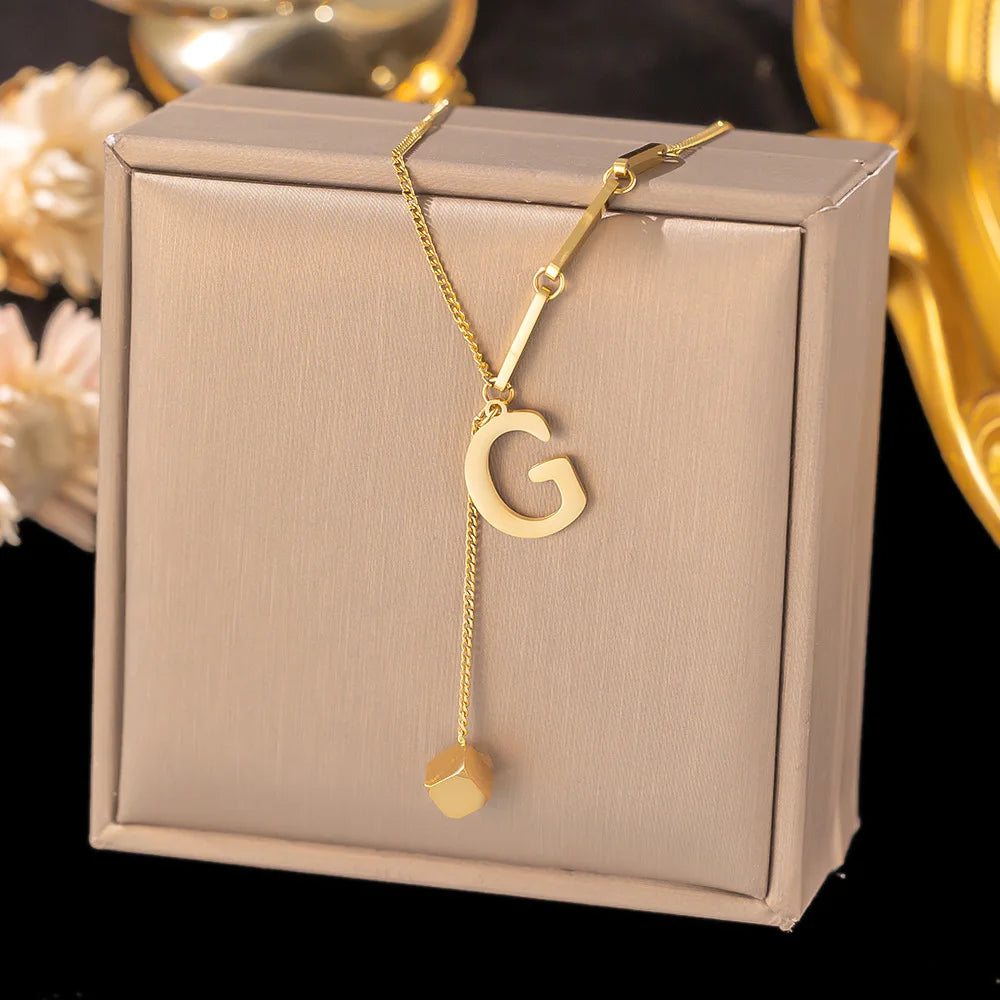 26 English Capital Korea Gold Plated WOMEN Romantic Stainless Steel Letter G Pendant Jewelry Lariat Necklace for Girl