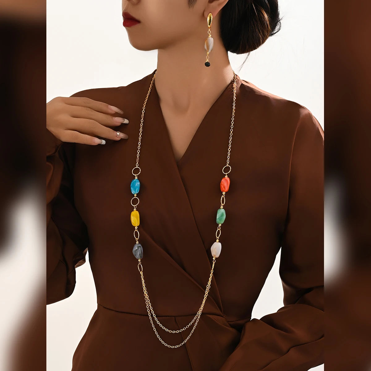 MEIZI JWholesale Elegant 18K Gold Plated Ceramic Brass Jewelry Diamond Pearl 1 Pair Long Elegant Earrings Necklace Everyday