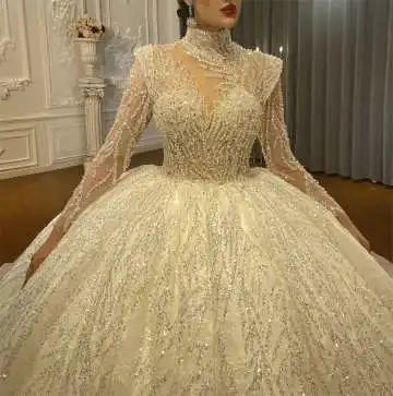 S8918F 2026 New Heavy Work Embroidered Bead Lace Lace Elegant Long -sleeved Puff Princess Dragging Wedding Dress