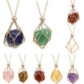 Handmade Gold Plated Natural Crystal Tumbled Stone Cage Pendant Necklace Healing Crystal Macrame Adjustable Length Necklace