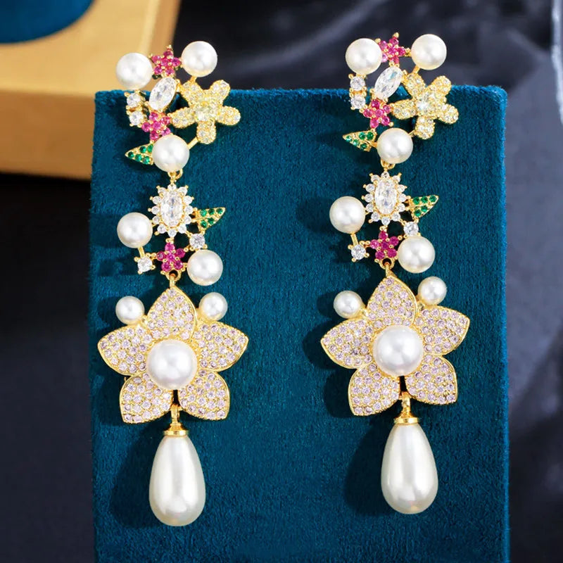 Women Yellow Gold Plated Cubic Zircon Long Flower Drop Pearl Dangle Earrings for Wedding Party Elegant Bridal Jewelry Lady Gift