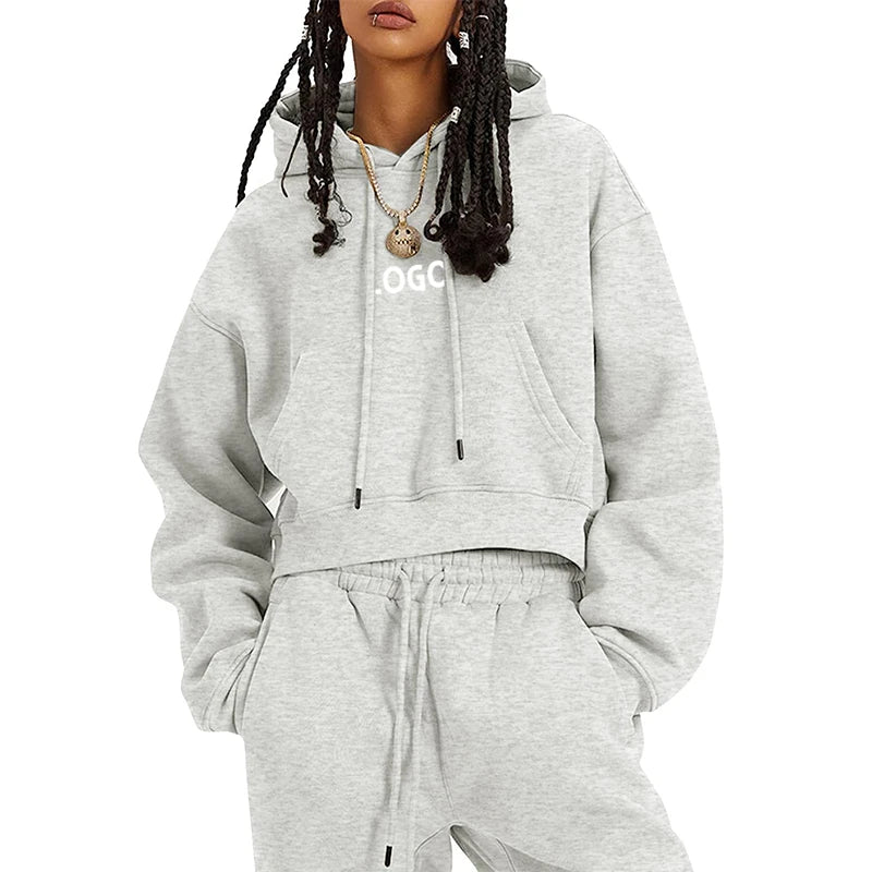 L230784 Custom Logo Joggers Cropped Sports Casual Suit Two Piece Sets Crop Top Hoodies Sweatpants Heavy Clothing Women Outfits