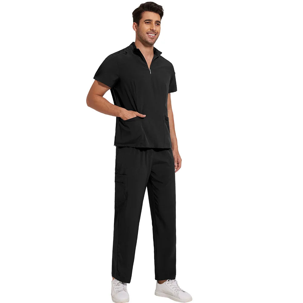 Men Women Custom logo Zipper v Neck Nurse Uniforms Set Doctor Nurses Dental Hospital Uniform Sets Straight Pants Scrubs Suit