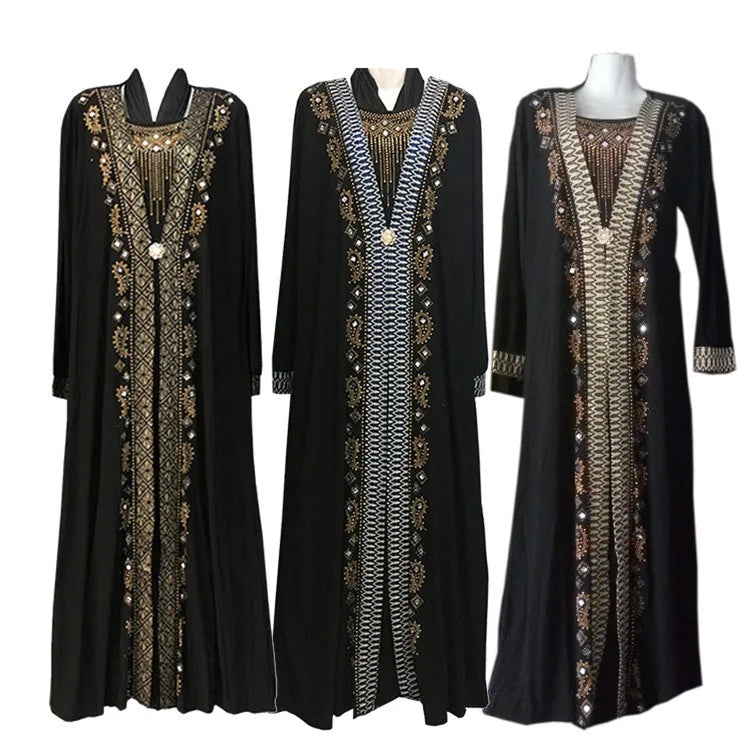 P0010 Hot Sales Middle East Kaftan Crystal Beaded Long Sleeves Arabic Abaya Muslim Women Dresses Robe Femme