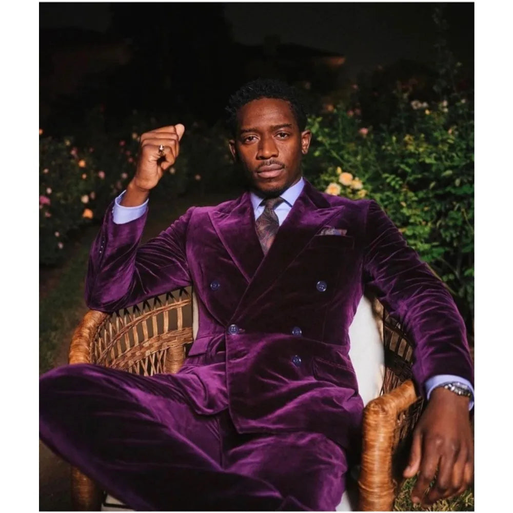 Purple Velvet Men'S Suit Double Breasted Blazer Luxury Custom Made Wedding Groom Prom Blazer 2 Pc Set Jacket Pant