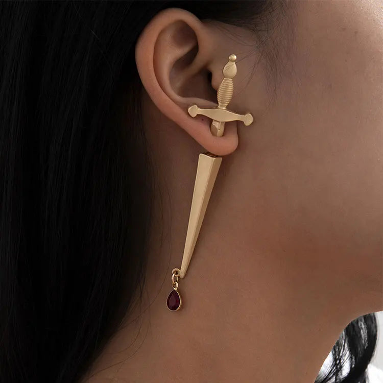 Niche Design Hip Hop Gold Earrings Red Water Drop Glass Crystal Cool Long Sword Hilt Cross Stud Earrings Women