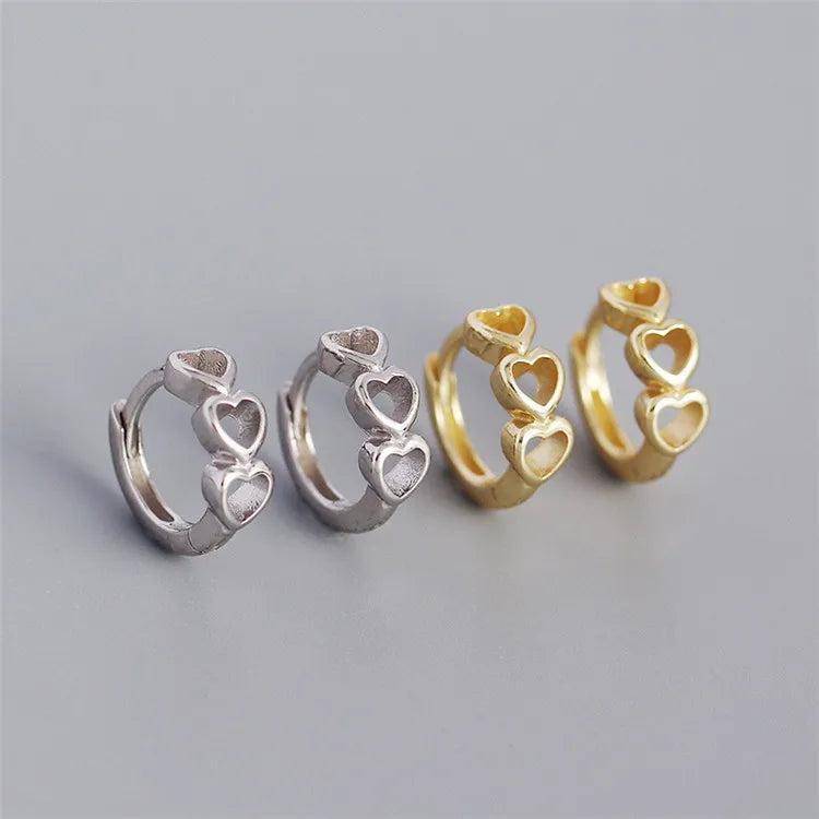 SP Special Design S925 Sterling Silver Three Heart Connected Hollow Out Heart Hoop Earrings