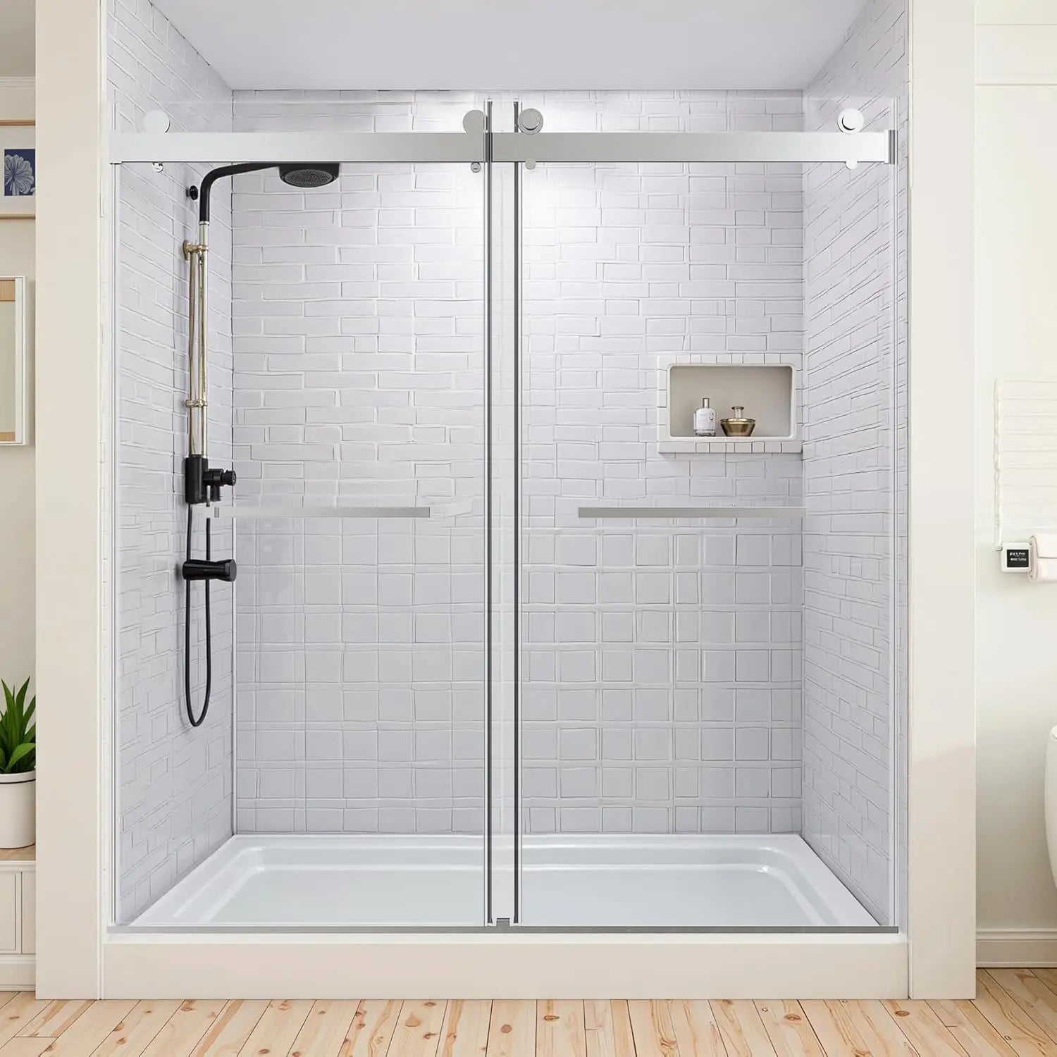 Frameless Shower Door 68-72" W X 76" H Double Sliding Soft Close Glass With 3/8 Inches (10mm)