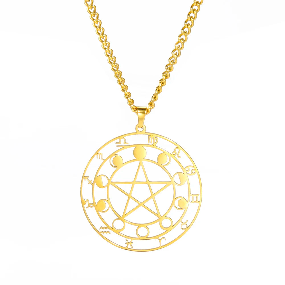 Myshape Moon Phase Pentagram Pendant Wiccan Pagan Magic Amulet Stainless Steel Charms for Jewelry Making