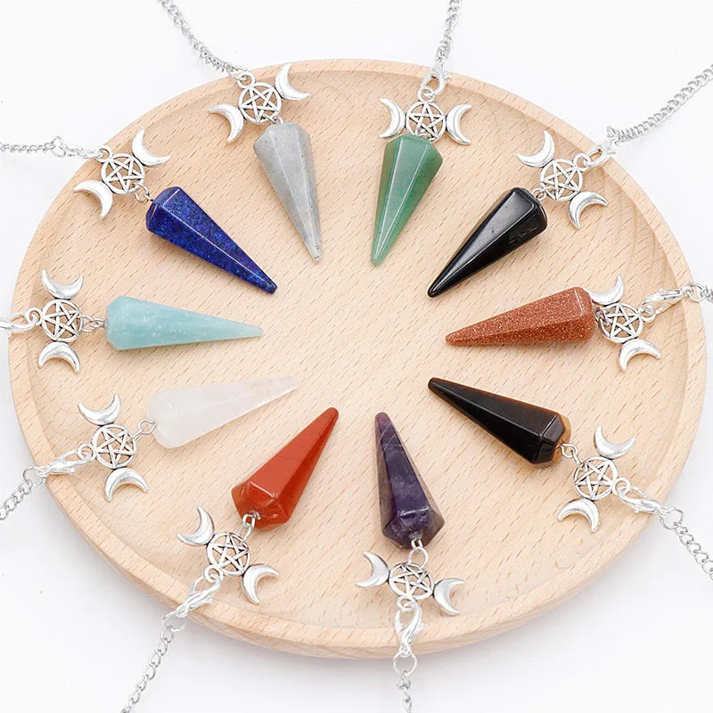 Natural Stone Crystal Yoga Hexagonal Cone Pendulum Gemstone Pendant for Meditation Healing With Silver Alloy