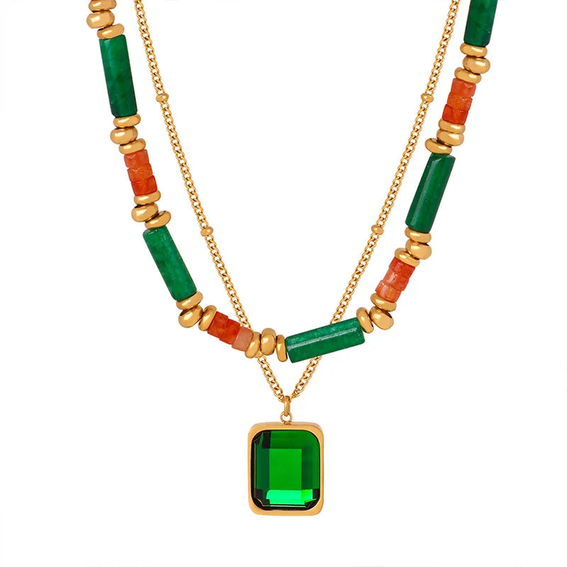 New Retro Light Luxury Fashion Personality High-end Natural Stone Handmade Beaded Double-layer Necklace Jewelry for Women