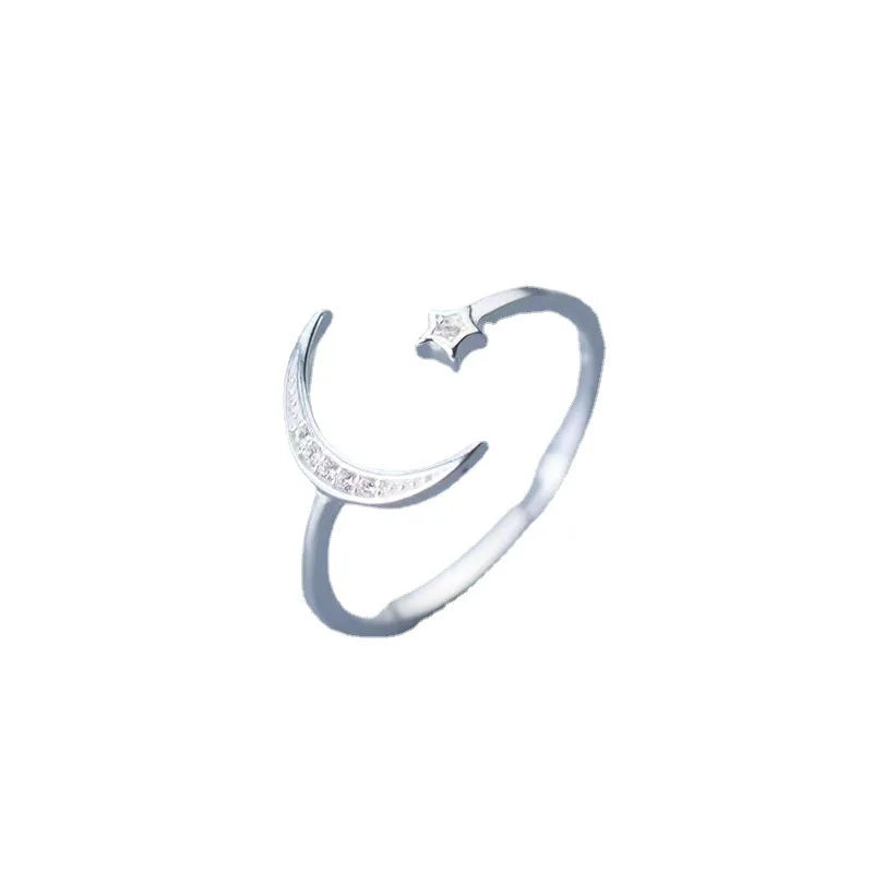 New Fashion S925 Sterling Silver Star Moon Ring for Women Adjustable Size With Inlaid Zircon Diamond for Parties Celebrations