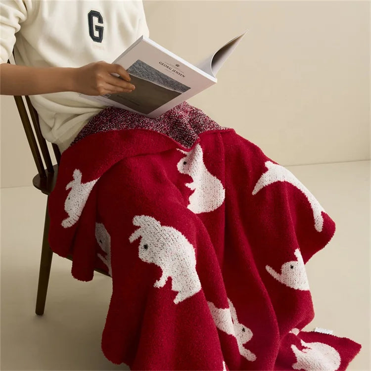 New Design 100% Polyester Feather Yarn Super Cozy Funny Jumping Rabbit Pattern Knitted Throw Blanket for Winter