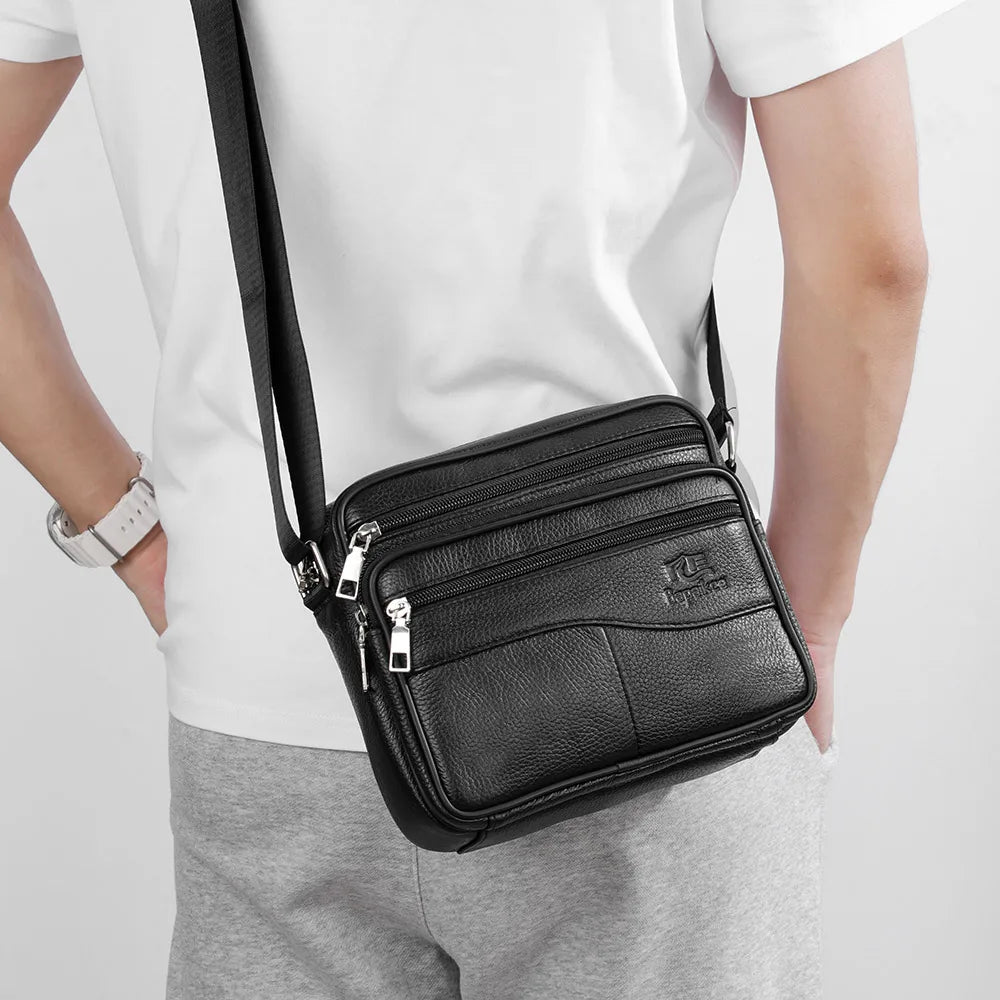 Business Leather Shoulder Bag Multi-functional Horizontal Style Pocket Crossbody Bag Black Genuine Leather Messenger Bag for Men