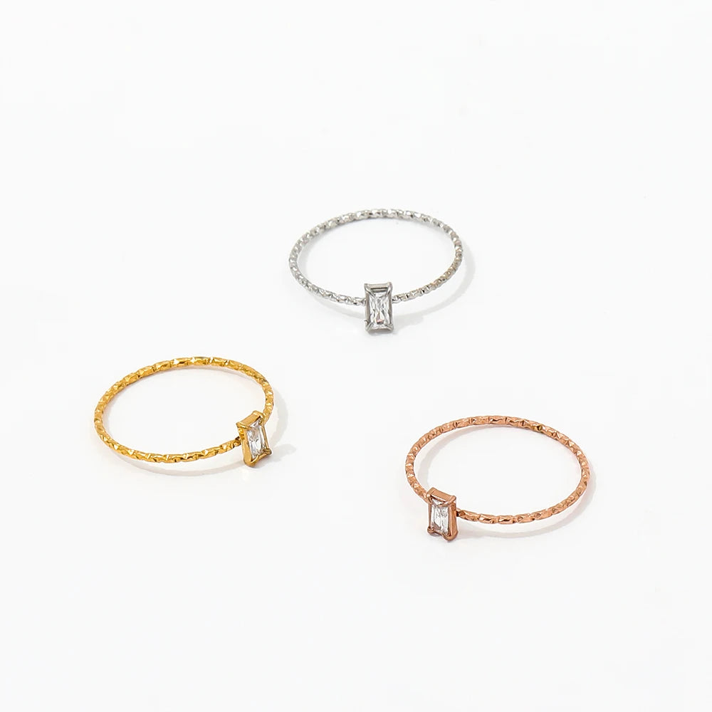 High End 18K Plain Gold Rectangle Zirconia Dainty Rose Gold Rings Stainless Steel Trendy Simple Gold Plated Jewelry