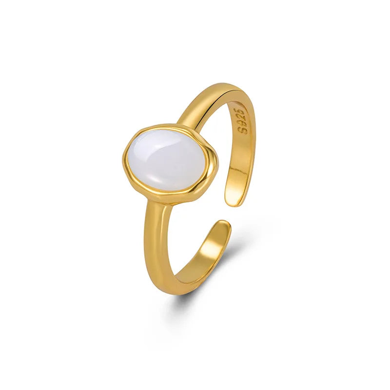 Minimalism 925 Sterling Silver White Agate Oval Open Adjustable Finger Ring for Women Wholesale