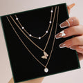 SJ-135 Diamond Rhinestone Neck Jewelry Women Multi 3 Layers Metallic Chain Alloy Crystal Pearl Butterfly Pendant Necklace