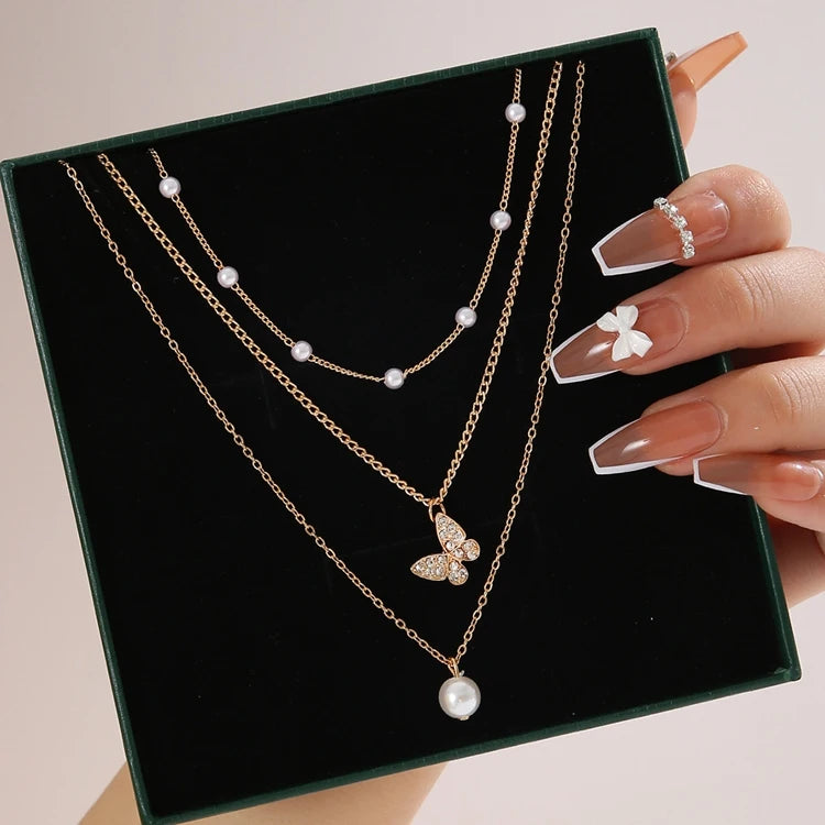 SJ-135 Diamond Rhinestone Neck Jewelry Women Multi 3 Layers Metallic Chain Alloy Crystal Pearl Butterfly Pendant Necklace