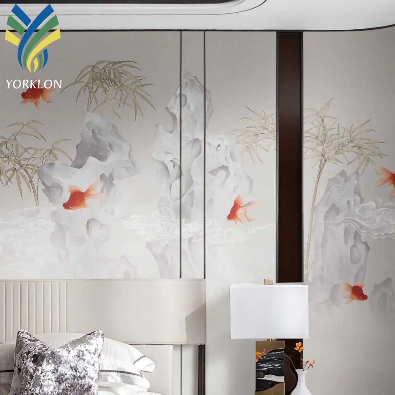 Custom Embroidered Wallpaper Mural 3D Fish Silk Hand Painted Embroidery Chinoiserie Wall Paper Wall Mural