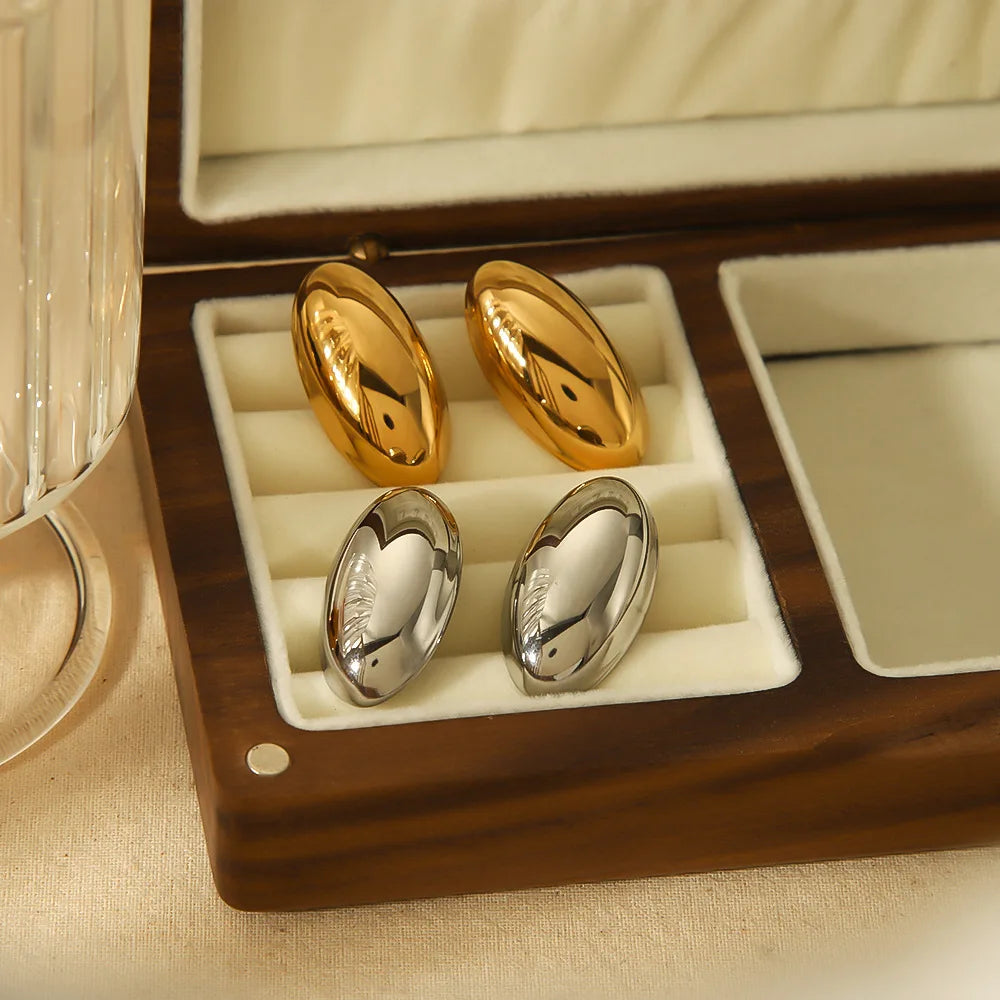 YF3742 Fashionable Waterproof Jewelry Stainless Steel 18k Gold Plated Hypoallergenic Geometric Oval Bean Earrings
