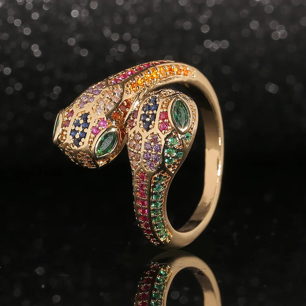 Fashion Hiphop Delicate Gold Plated Adjustable Rainbow CZ Snake Open Ring