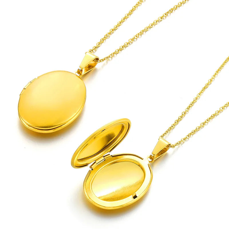 Personality Stainless Steel Oval Shaped Box Pendant Necklace Photos Locket Pendant Chain Necklace Jewelry