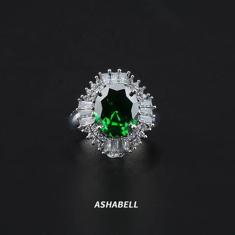 Wholesale S925 Silver Color Treasure Emerald Pigeon Blood Red Blue Treasure Rectangular Cz Thumb Ring
