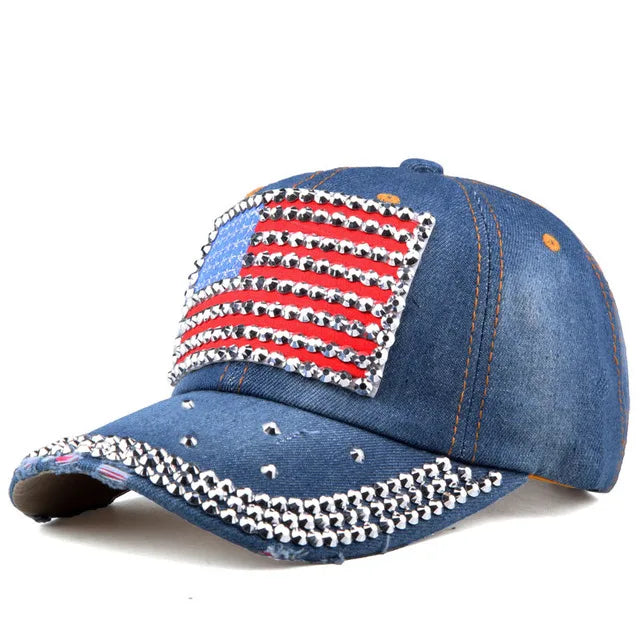 Fashion Baseball Cap for Men Women American Flag Denim Rhinestone Gorras Hombre Trucker Hats