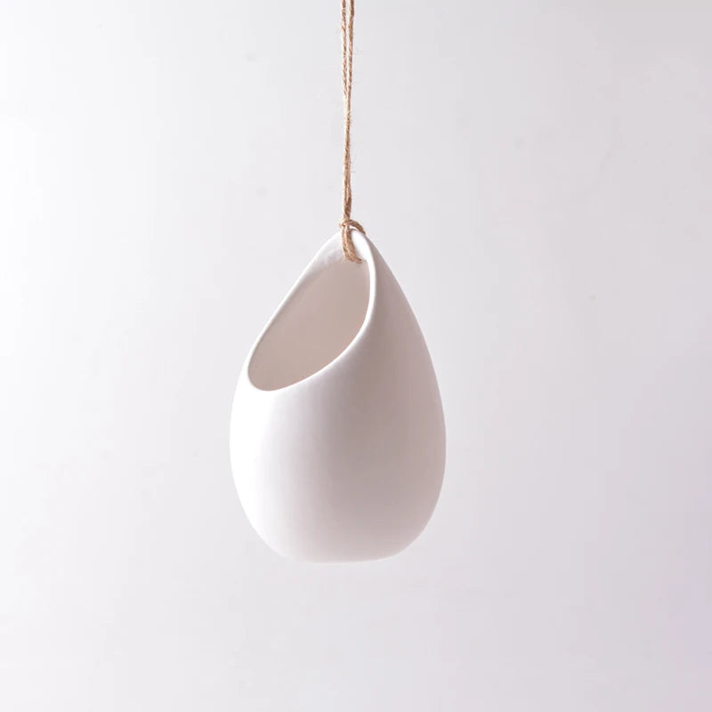 Ivory Ceramic Hanging Planter with Flat Bottom As Wall Vase