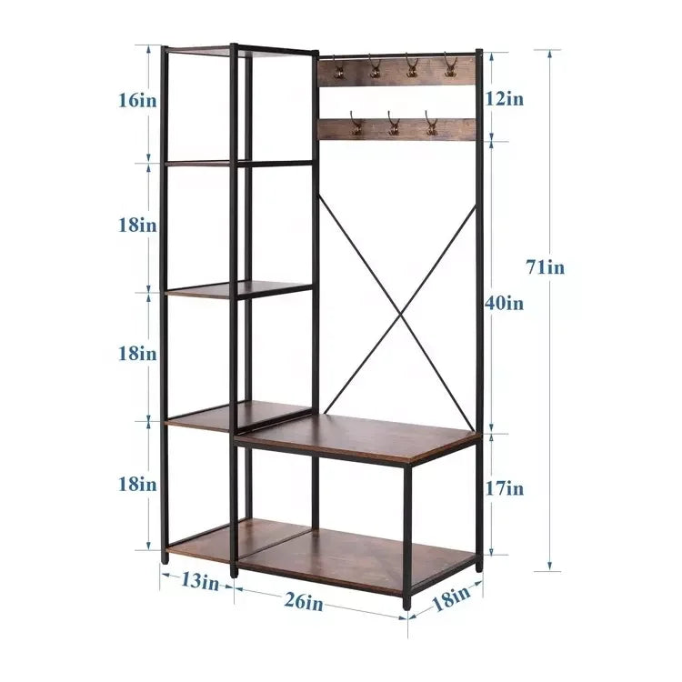 Living Room Multi-function Entryway Hall Tree Storage Rack With 7 Hooks Coat Rack Shoe Bench Set