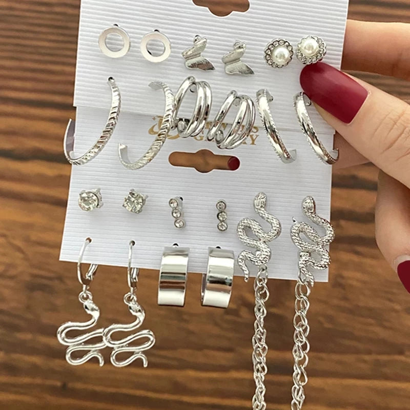 Tongxin Vintage Gold Silver Color Metal Chain Hoop Earrings Set for Women Fashion Pearl Circle Hoop Earrings Trend Jewelry