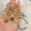 BM1123 18K Gold Plated Ball Beaded Macrame Bracelet with Hanging Glaze Evil Eyes Charm