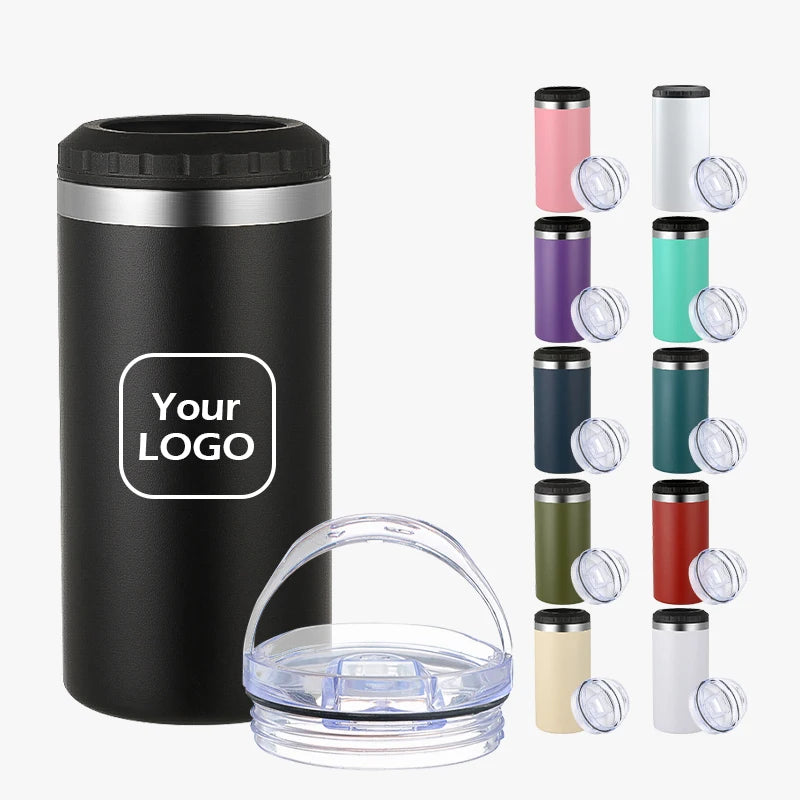 Custom Logo  4 in 1 16oz  Stainless Steel Can Insulator Can Cooler Straight Tumbler  With 2 Lids