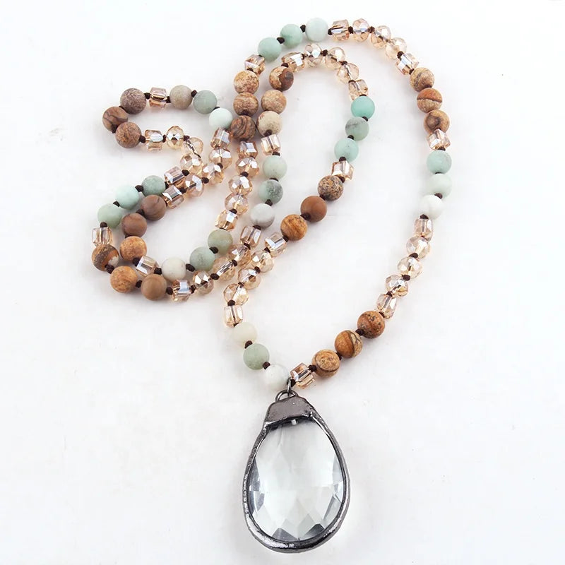 Fashion Boho Jewelry Women Gift Natural Stone and Crystal Beads Glass Drop Pendant Necklace
