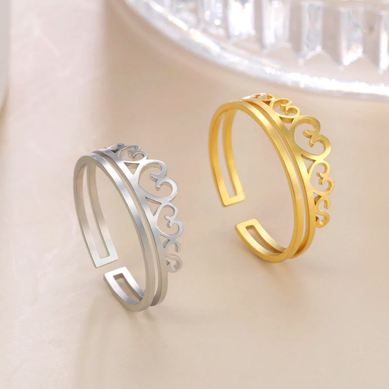 Fashion Women Heart Crown Ring Stainless Steel Gold Color Open Adjustable Rings Fashion Jewelry Wedding Lover Gift