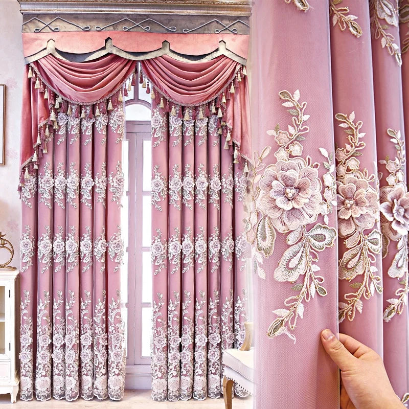 Luxury Double Layer Blackout Curtain with Sheer European Bead Embroidered Window Drape for Living Room