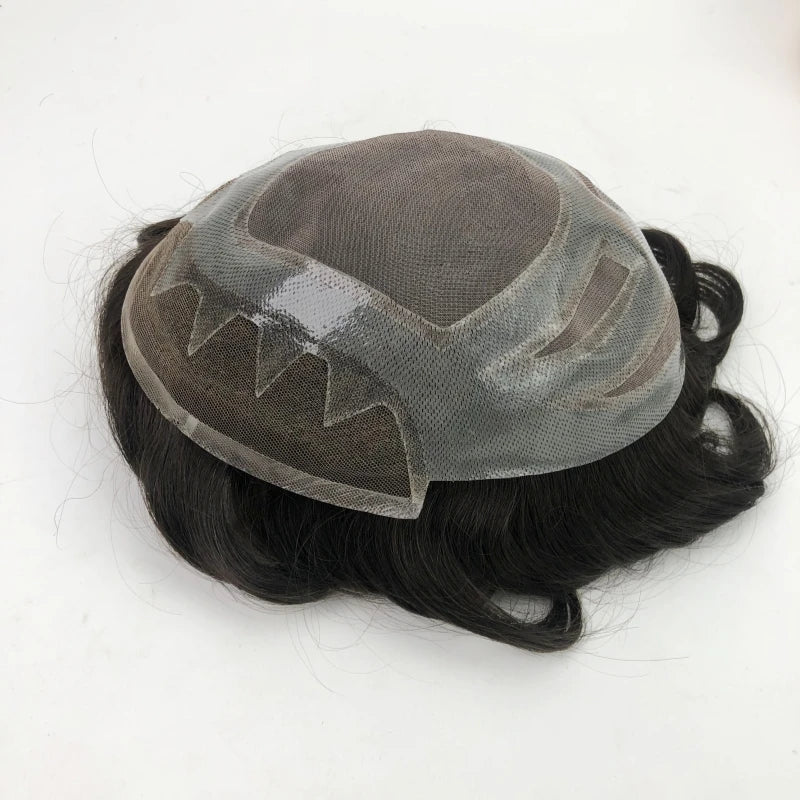 Emeda #1b Black Color Four Hole with Brush Shape MONO Top Lace Front Small Knots Toupee Men Hair System