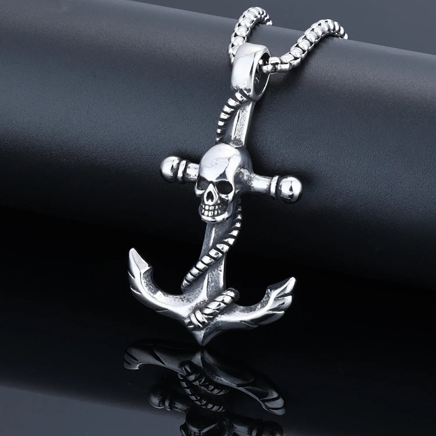 Stainless Steel Vintage Viking Jewelry Punk Titanium Steel Anchor Skull Pendant Sailor Pirate Skull Necklace for Men Women