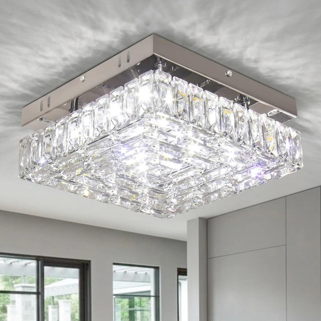 Modern Square Crystal Chandelier LED Small Chandeliers Flush Mount Ceiling Light Fixtures for Bedroom Hallway Foyer 6000K